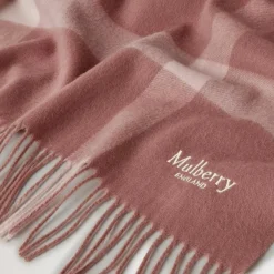 Mulberry Large Check Merino Wool Scarf Autumn Rose & Powder Rose Merino Wool